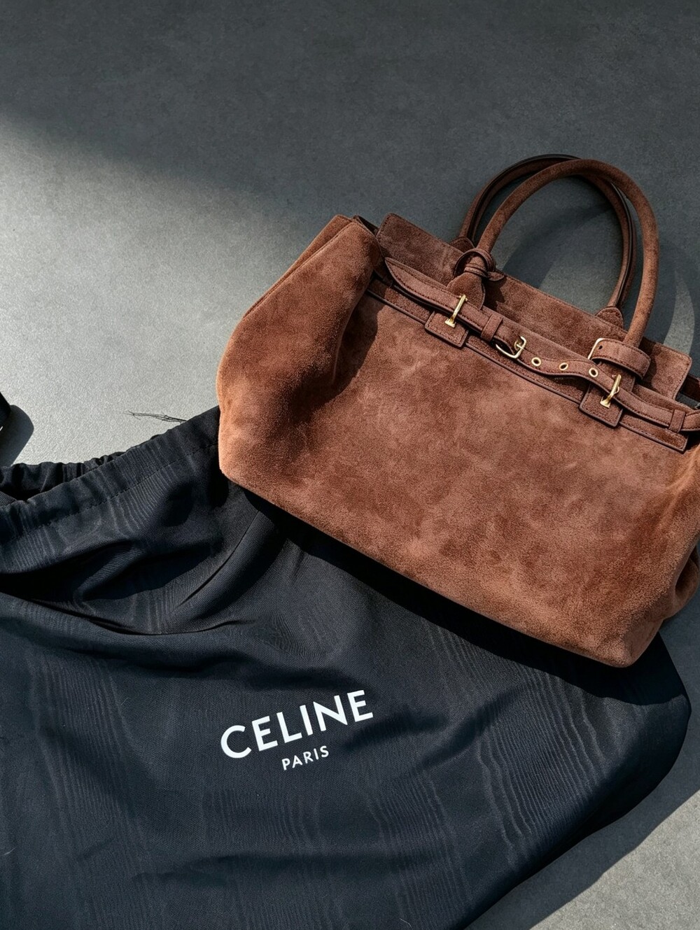 CELINE Conti Suede Leather Satchel Brown bag